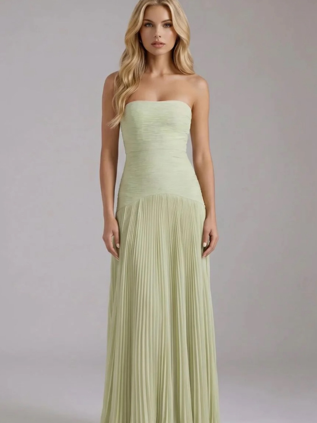 Kenzie Strapless Light Sage Pleated Evening Dress